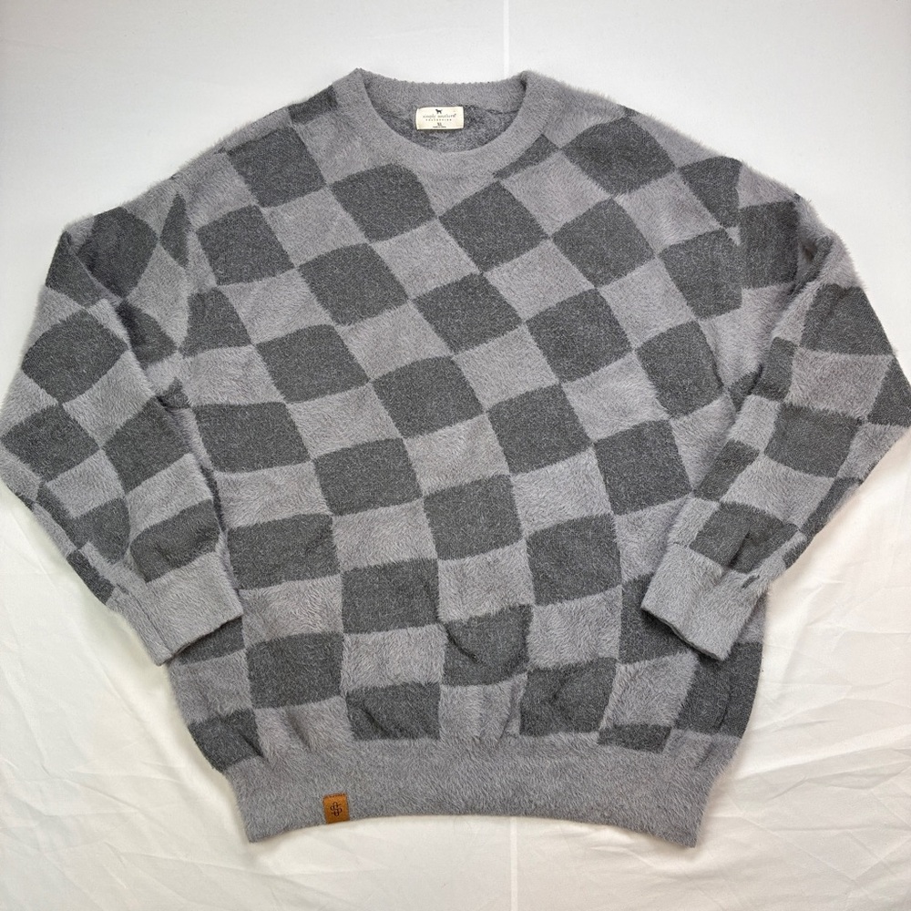 Simply Southern Fuzzy Gray Checkered Crewneck Sweater